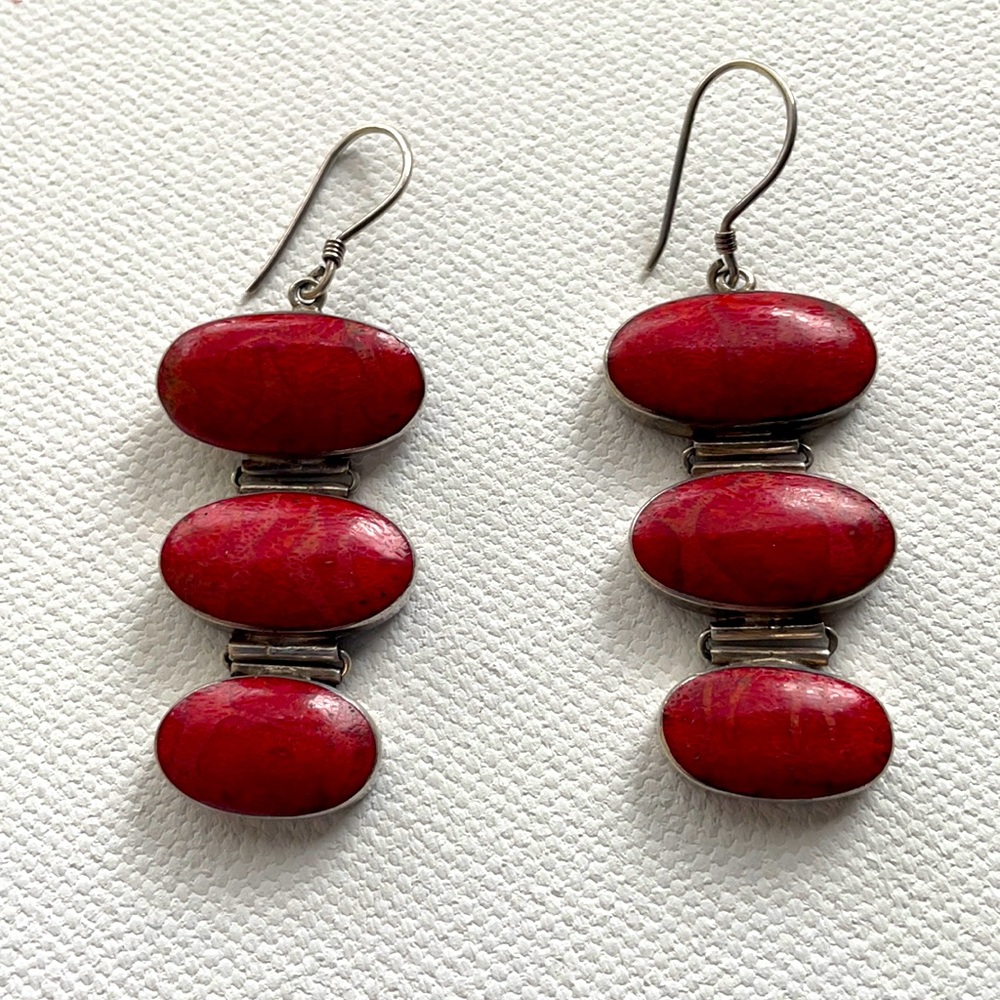 Genuine Sterling silver & red coral drop earnings